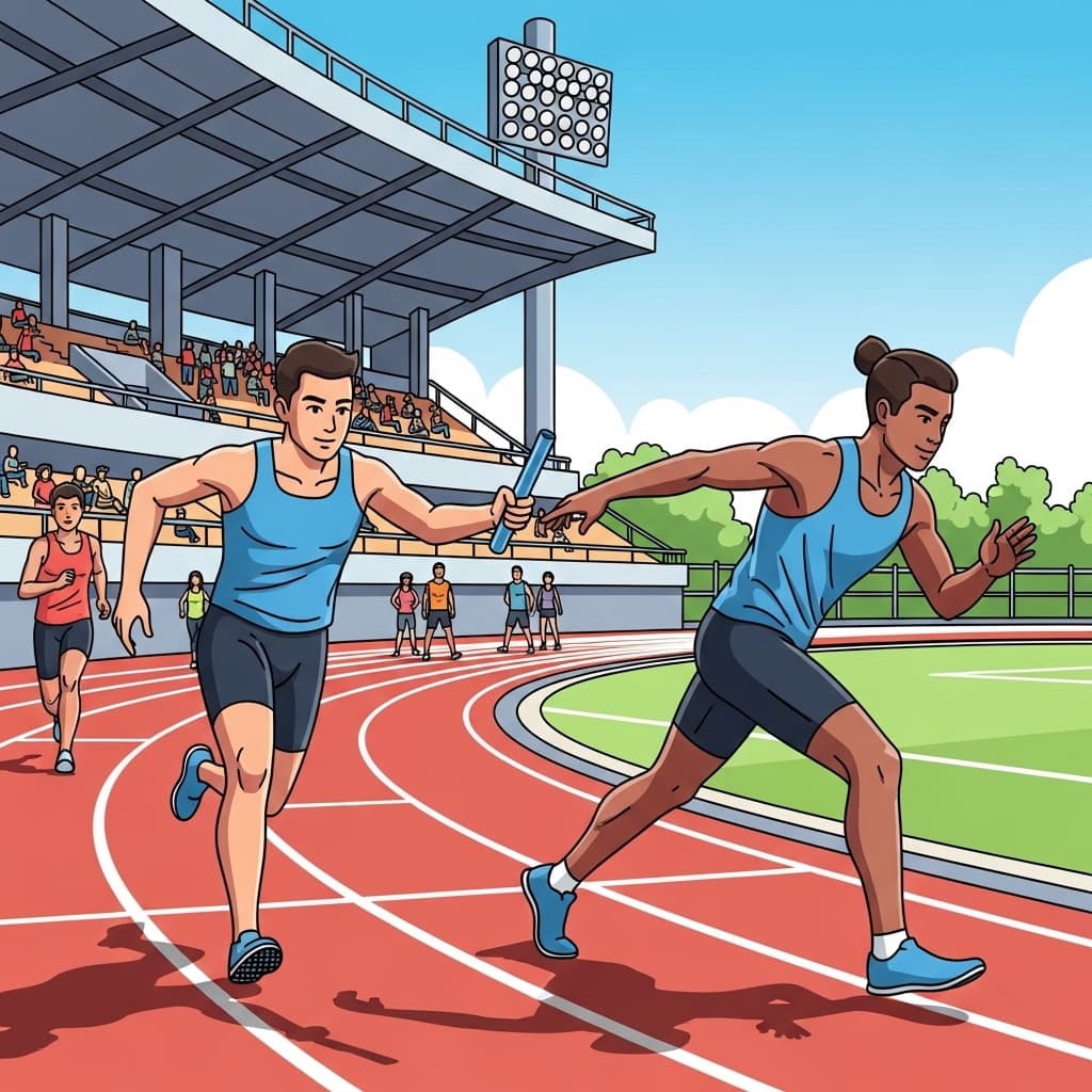 In a relay race, a runner passes the baton to the next teammate.