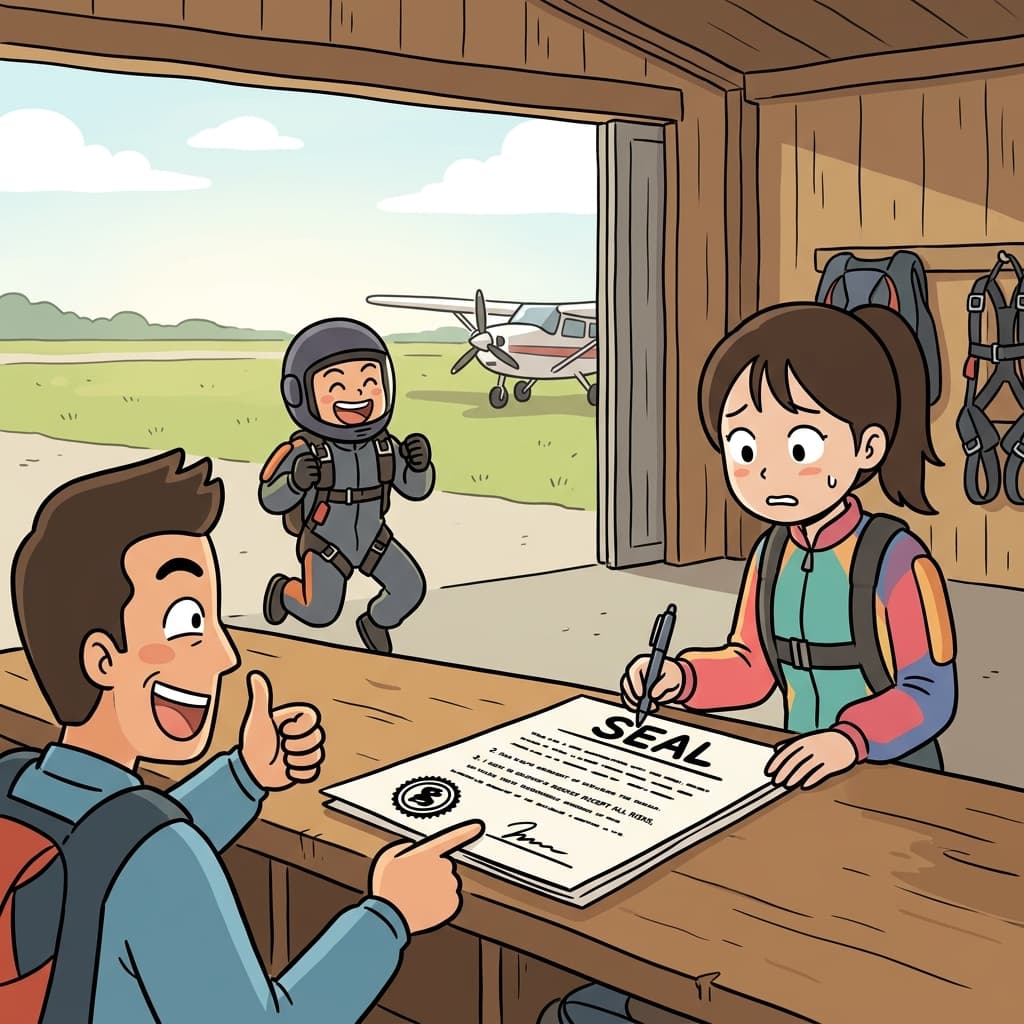 She signs a release of liability before her first skydiving jump.