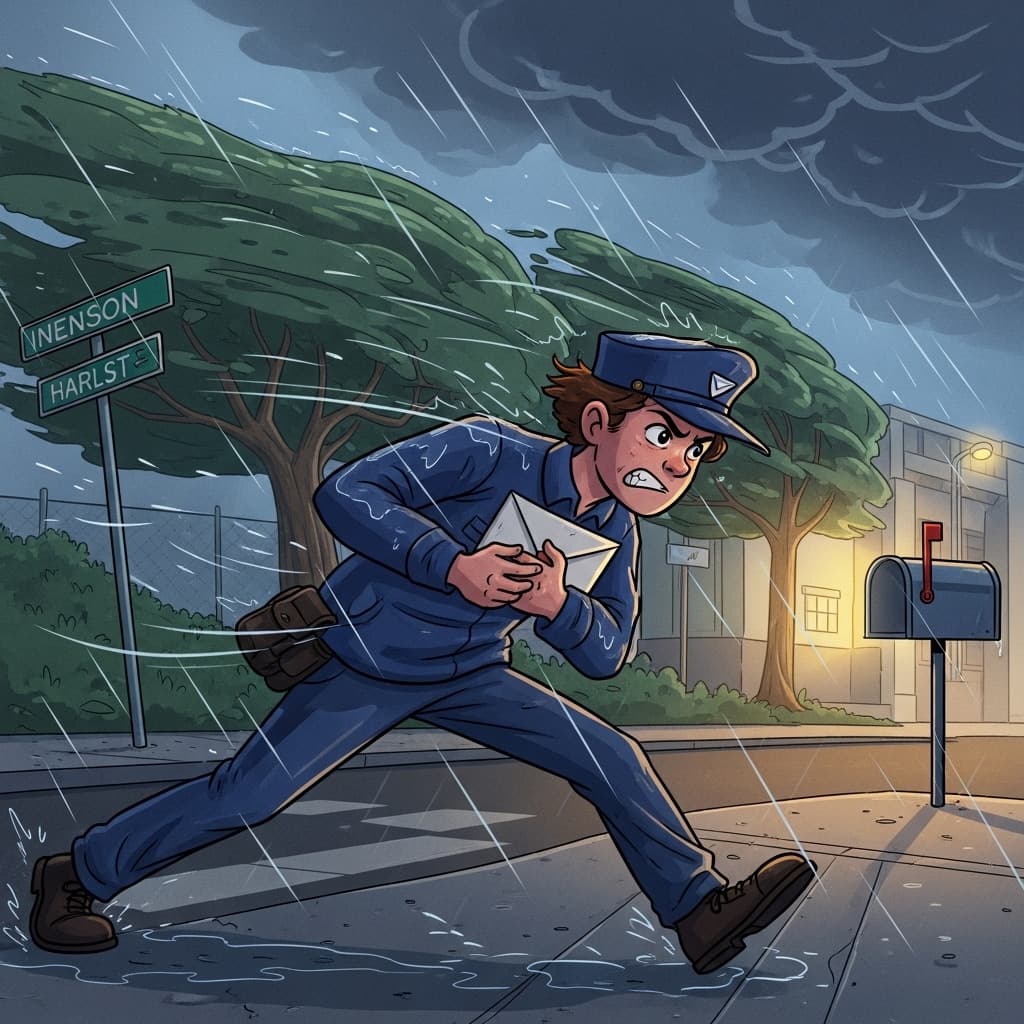 Despite the pouring rain, the relentless mail carrier kept running down the street.