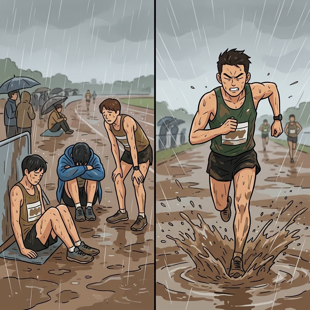 While other runners collapsed from exhaustion, the marathoner ran relentlessly through the storm.