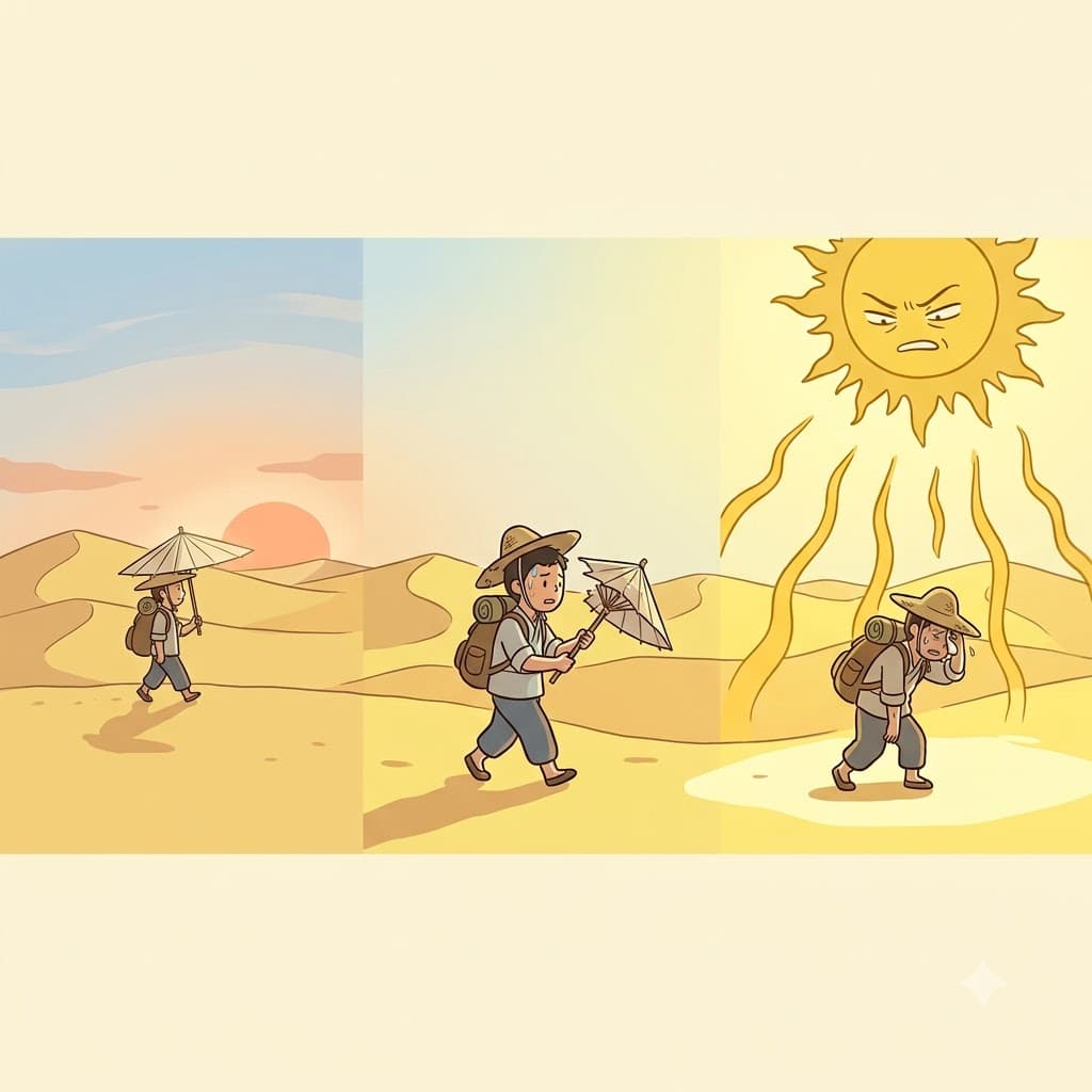Under the endless desert sun, the defenseless traveler was relentlessly scorched by the heat.