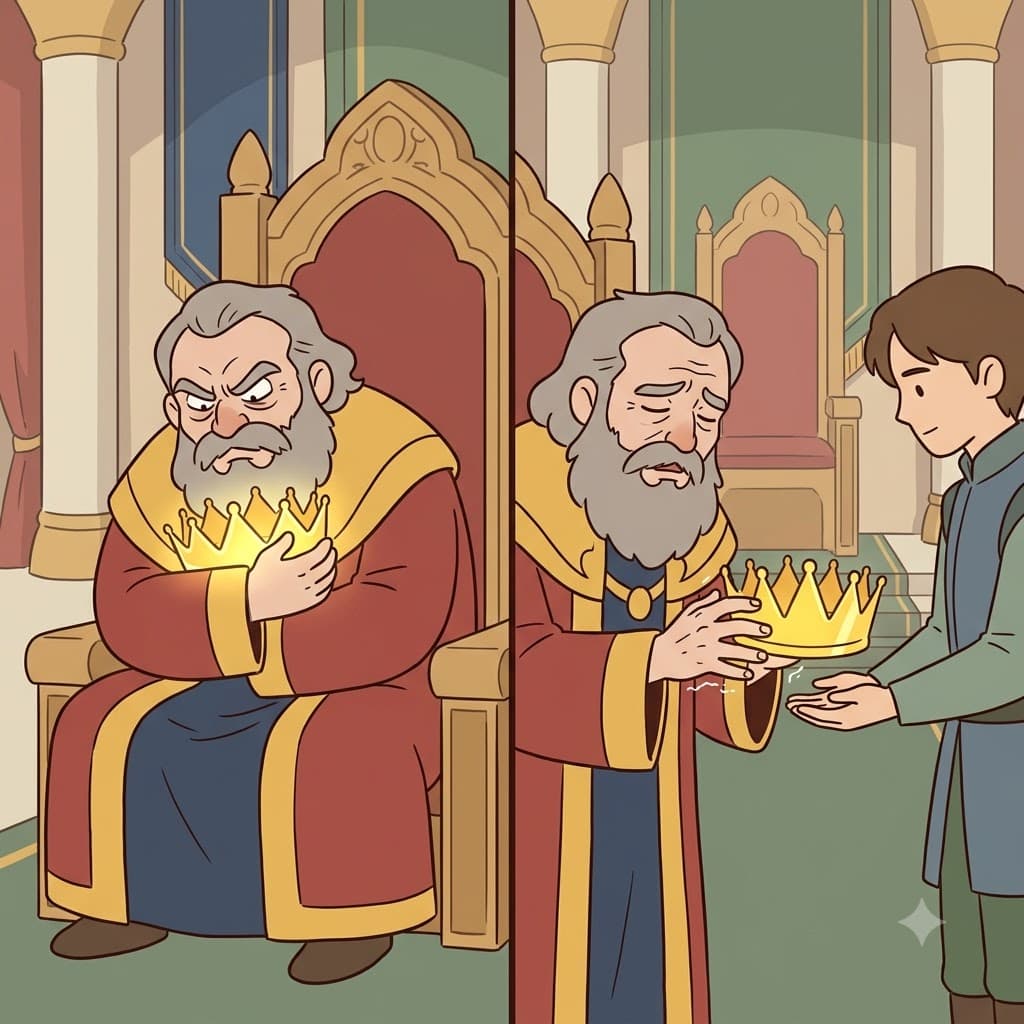 While the greedy king wanted to rule forever, he was finally forced to relinquish his golden crown to the young prince.