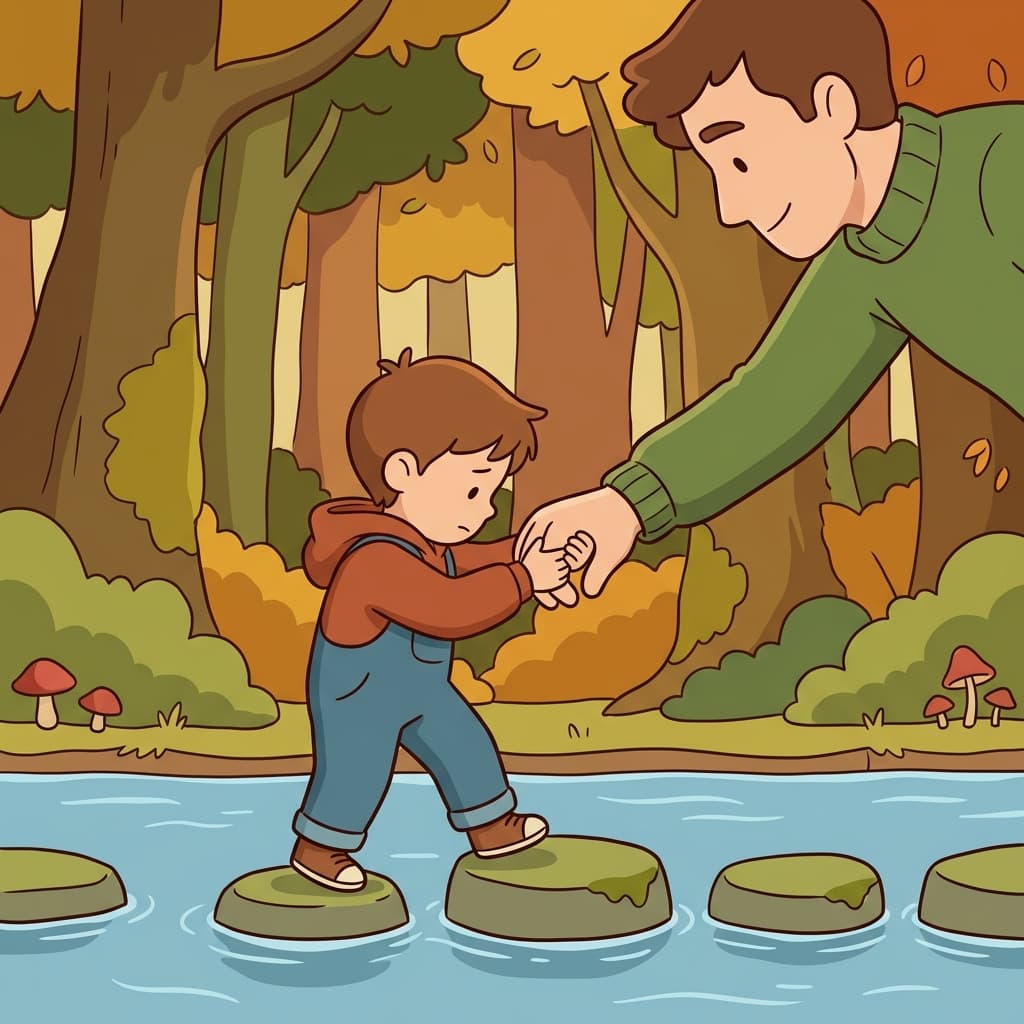 The little boy relied on his father to help him cross the river.