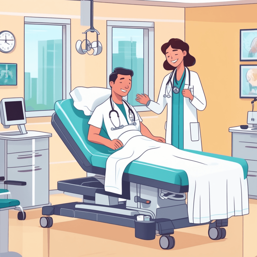 a smiling doctor shows positive test results to a relieved patient sitting on the examination table. The patient's face lights up with joy and hope as they receive the good news. The medical charts and equipment around them suggest ongoing treatment that has been successful. Before this moment, the patient appeared worried, but now their posture straightens with renewed energy. A nurse in the background celebrates quietly while organizing medical supplies. Family members visible through the doorway embrace each other with tears of happiness. the temporary or permanent decrease of disease symptoms and the relief that comes with medical improvement