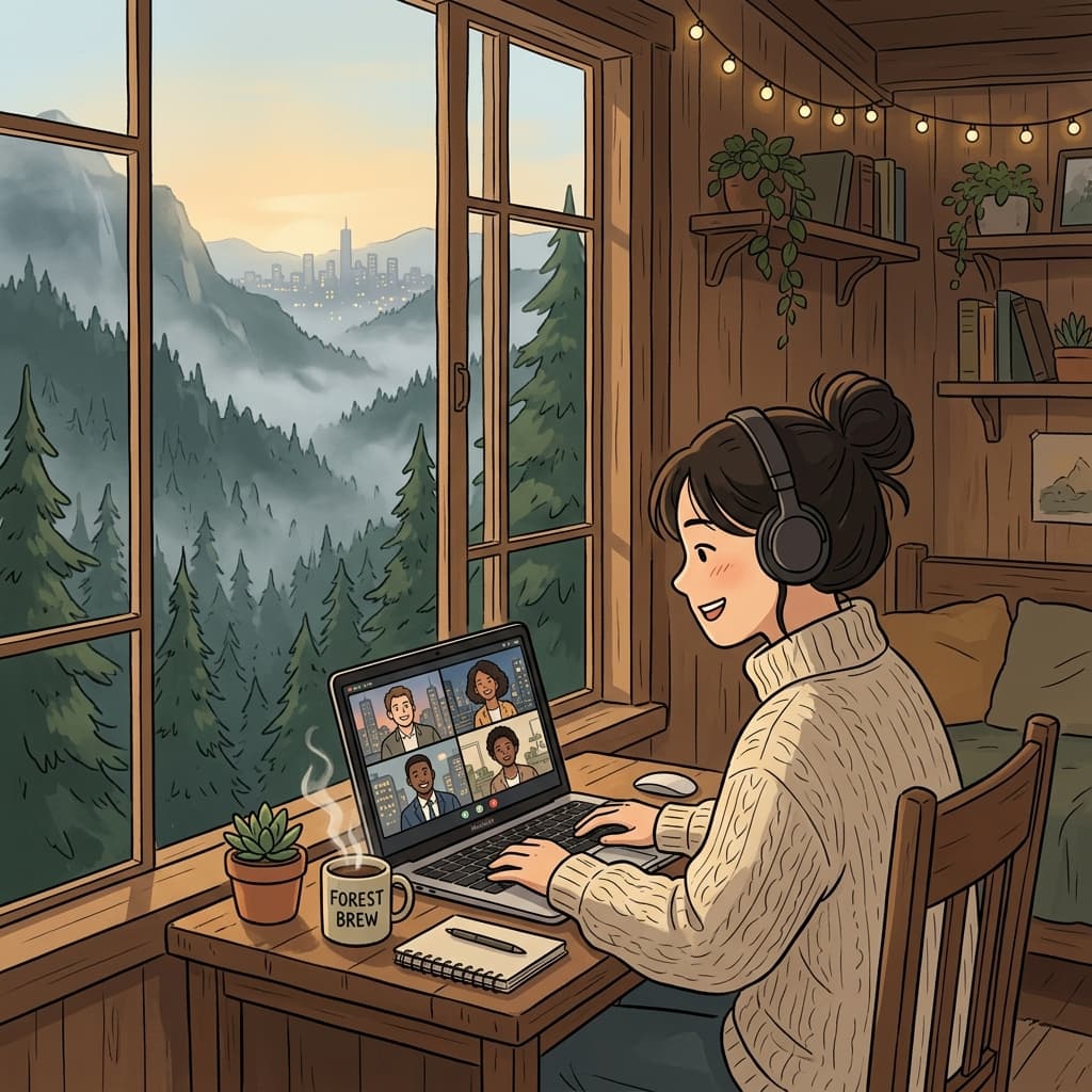 She works remotely from a quiet mountain cabin every morning.