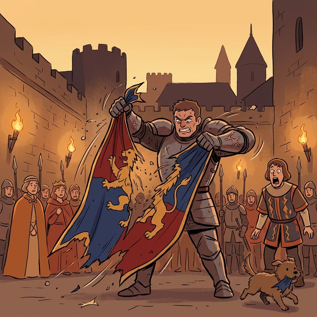 The angry knight rend the royal banner in half during the tense standoff.