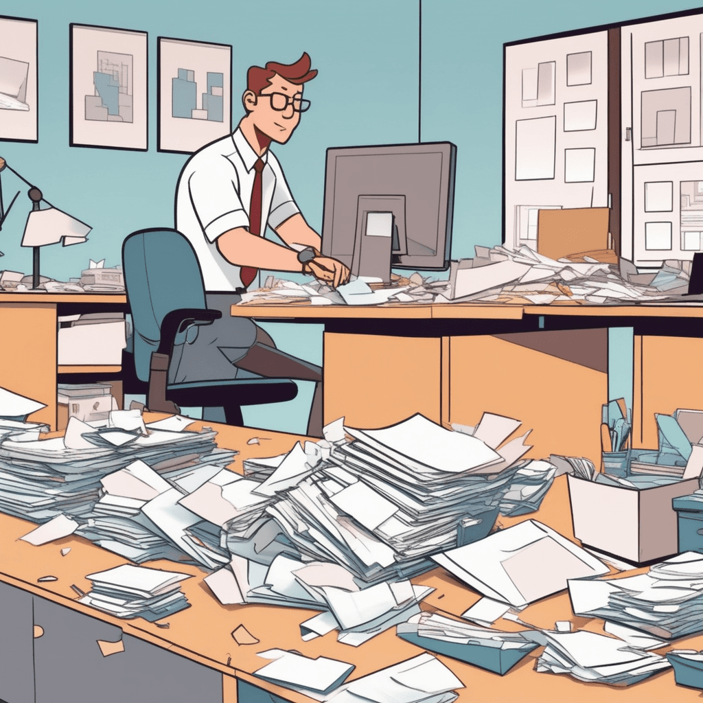 an office worker methodically sorts through piles of scattered documents and office supplies on a messy desk. She picks up papers, examines them, and places them into organized stacks and labeled folders. The left side of the desk remains chaotic with papers everywhere while the right side becomes neat and orderly. A coworker watches from nearby, impressed by the systematic transformation taking place. File folders are now arranged by color and height in perfect rows. something being organized again in a completely new and different way