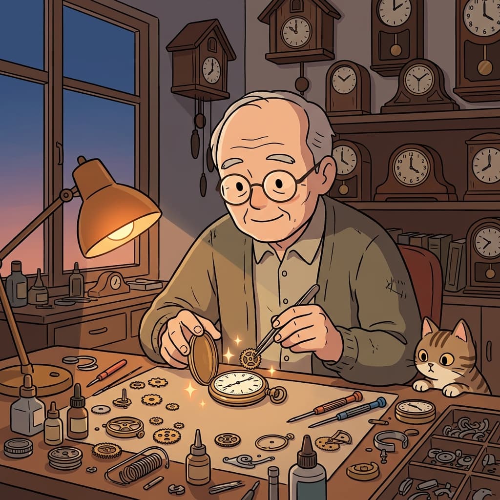 The old watchmaker carefully repairs the broken pocket watch on his workbench.