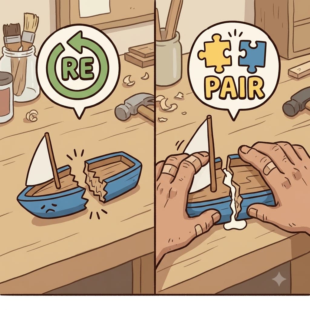 RE(again) + PAIR(match together) — actively bringing the two broken halves RE(again) into a perfect PAIR(match), the carpenter was able to repair the wooden toy.