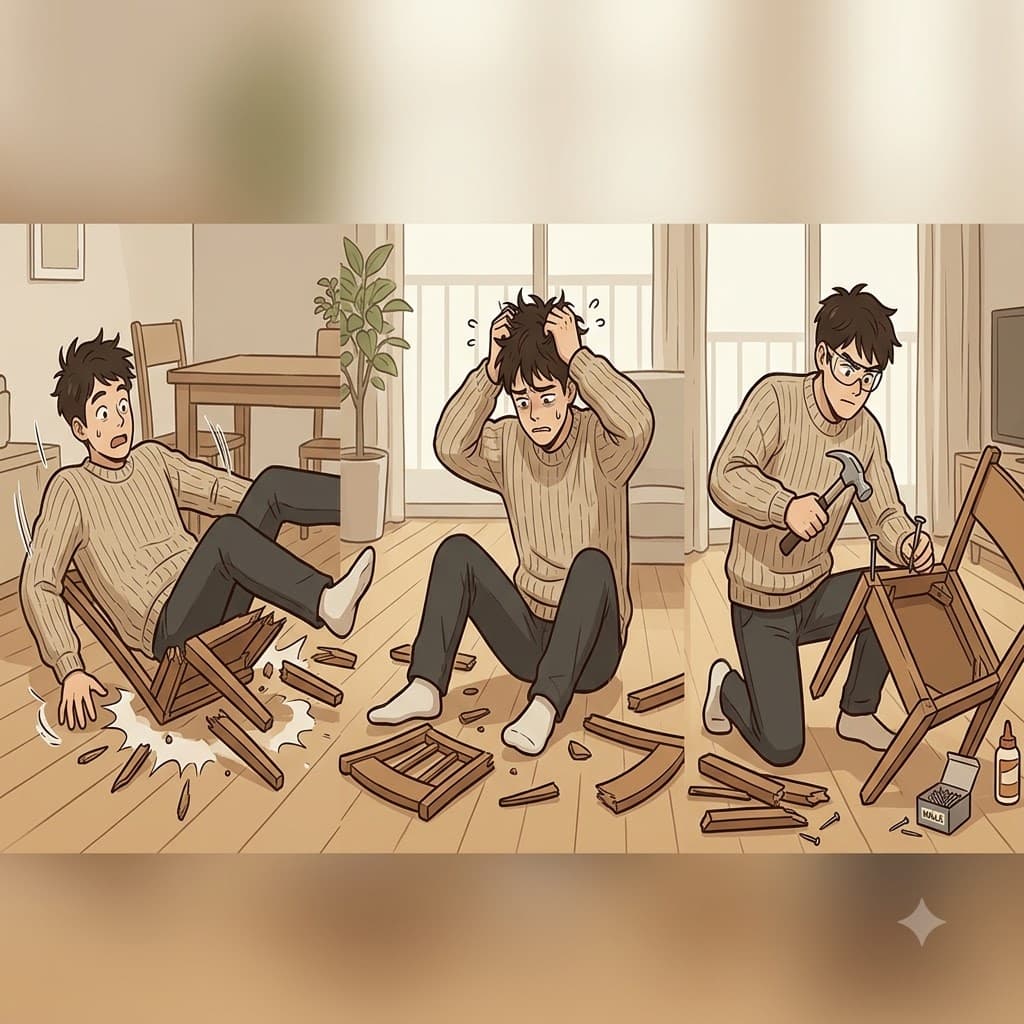 After falling through the broken chair, he threw his hands up in despair before grabbing his hammer to successfully repair it.