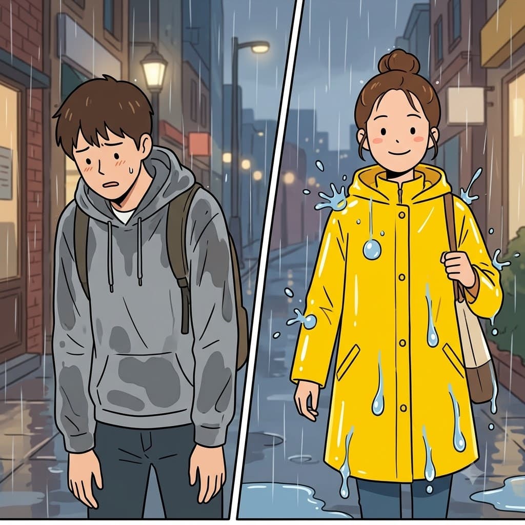 While plain cotton quickly soaked through in the storm, the treated raincoat managed to repel heavy drops of rain with its slick surface.