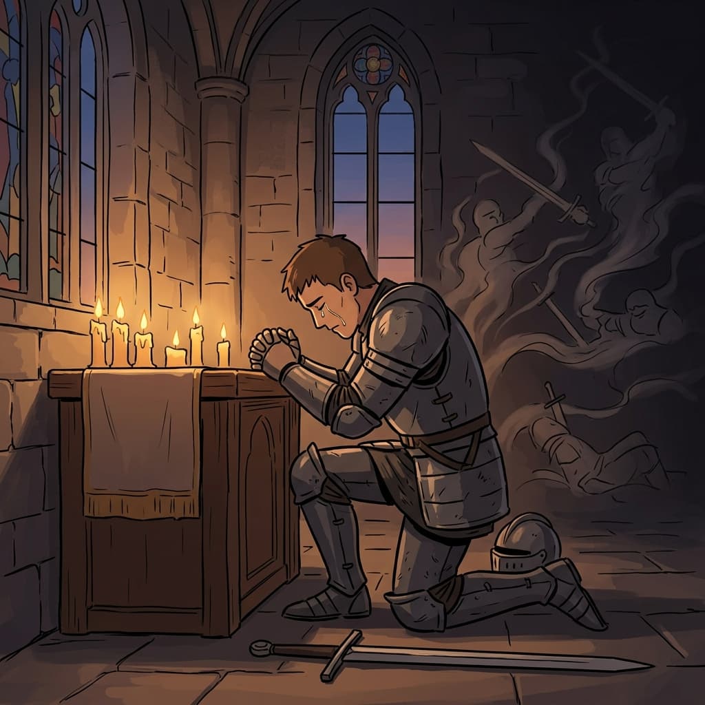 The knight kneels before the altar to repent for his cruel deeds in battle.