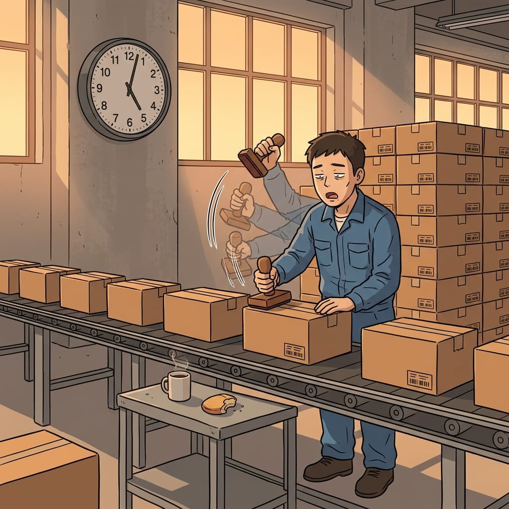 The factory worker stamps labels repetitively, hour after hour on the assembly line.