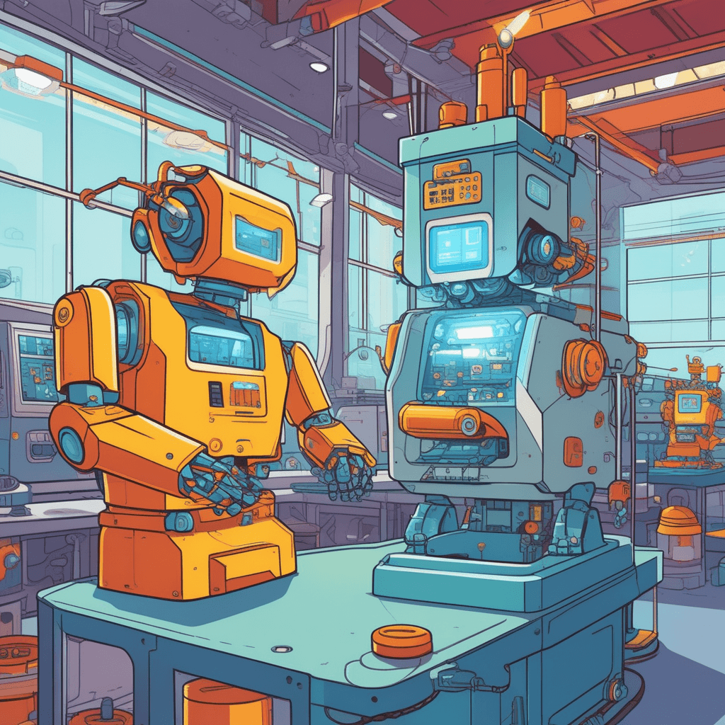A replication machine produces identical copies while workers celebrate successful duplication