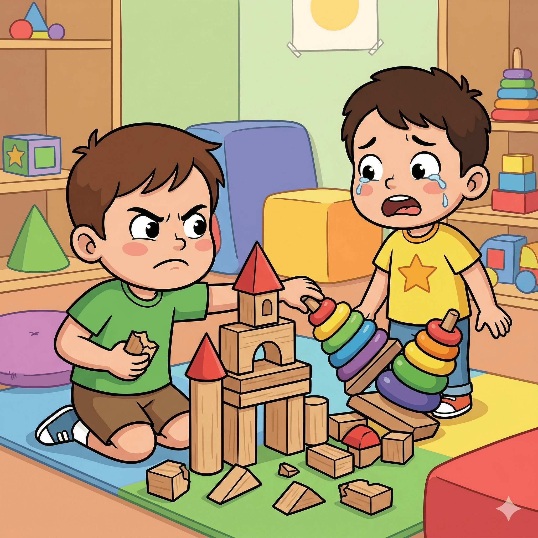 After one child knocks down a toy castle, the other child seeks a swift reprisal.