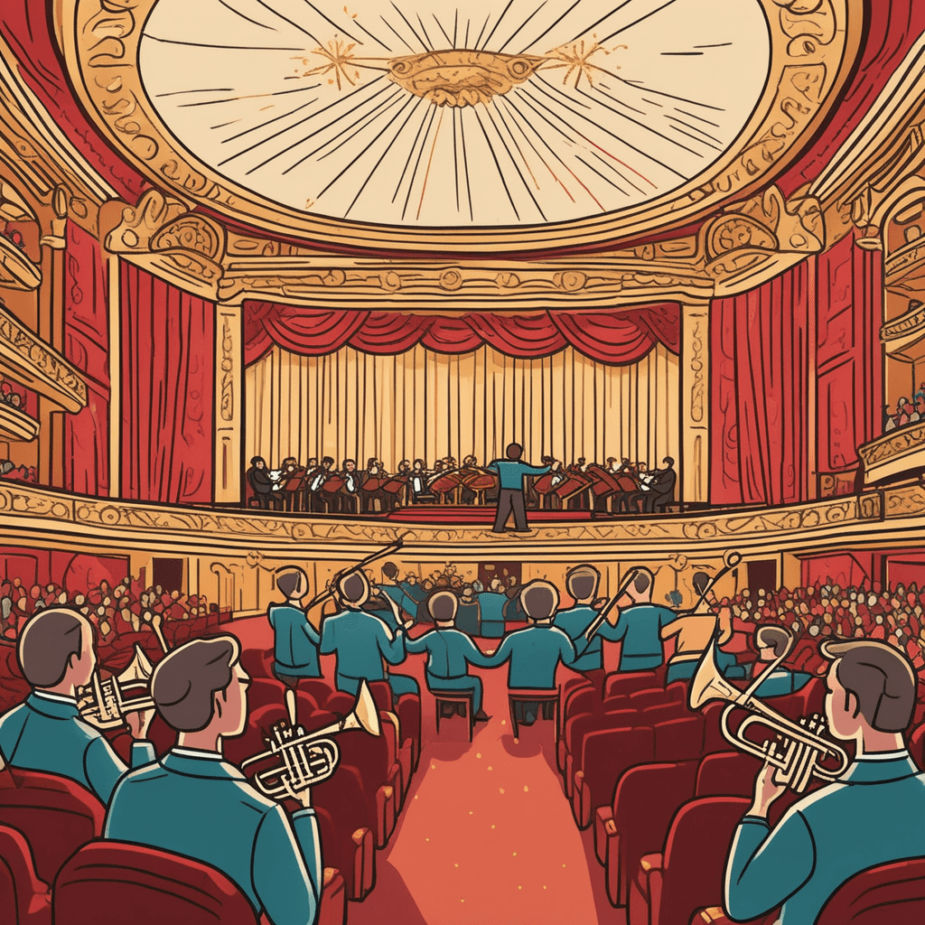 a conductor raises his baton high in the air, gesturing toward the orchestra section. The musicians lift their instruments in perfect synchronization, ready to play again. The conductor points to a specific section in their sheet music they just finished playing. He signals them to repeat the beautiful melody one more time. The orchestra members nod in understanding and position themselves to perform the passage again. Some audience members lean forward eagerly, anticipating hearing their favorite part once more. a repeated passage in music being performed again
