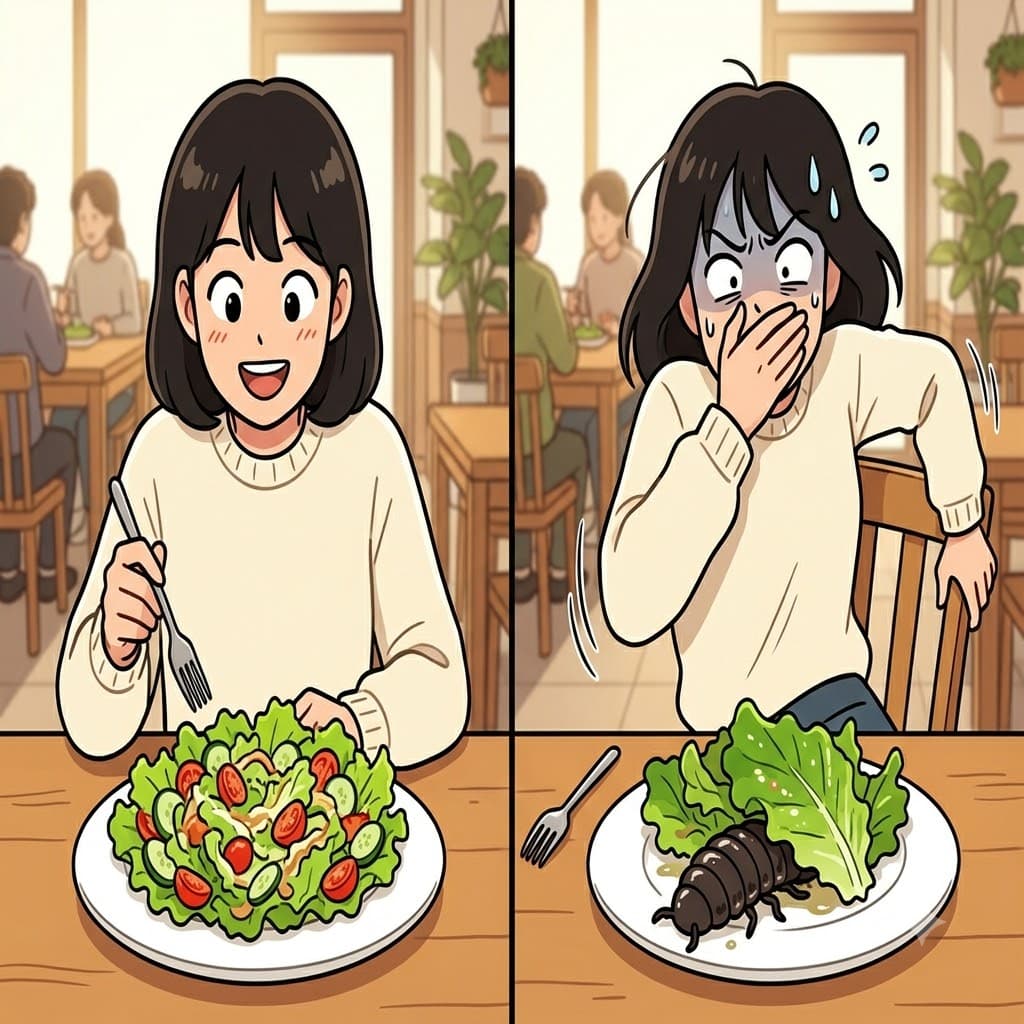 The customer felt intense repugnance when a disgusting bug crawled out of his fresh salad.