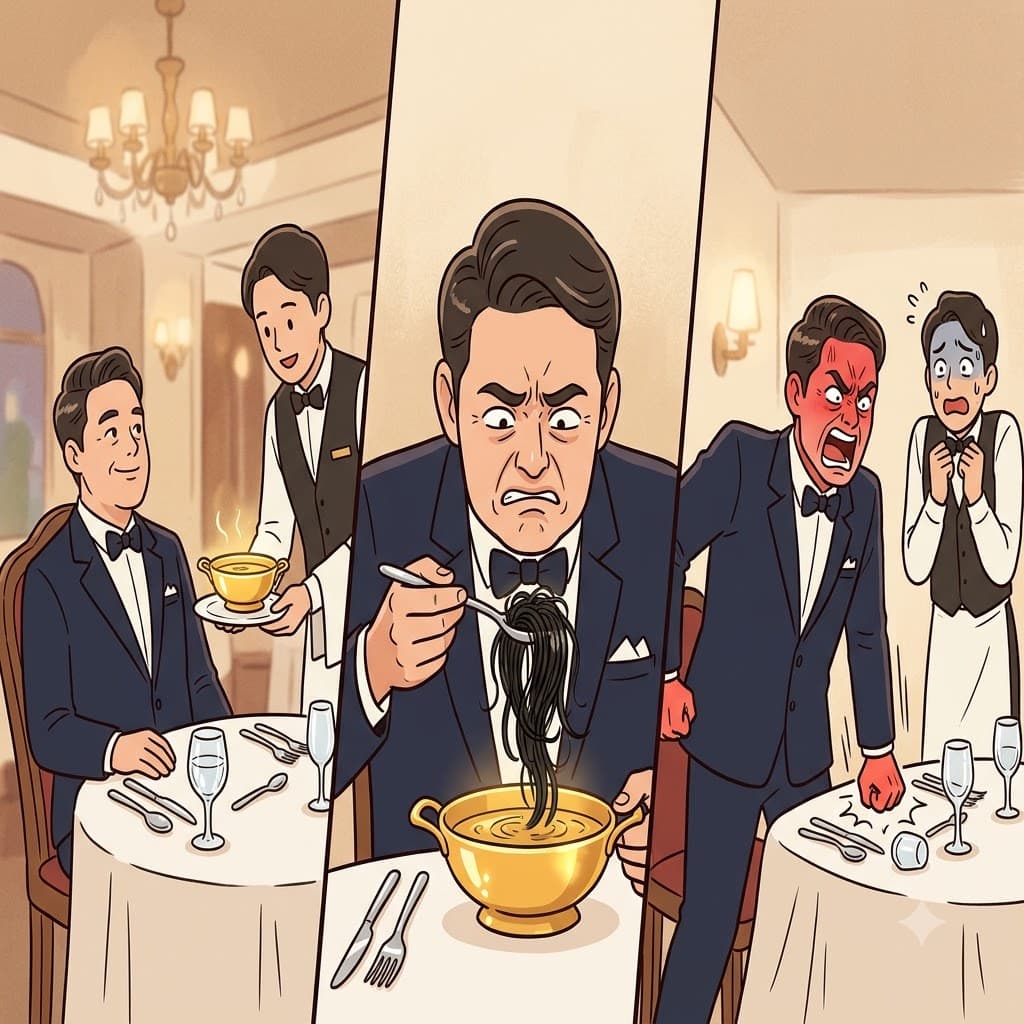 The customer became indignant after finding a hair in his soup and feeling intense repugnance.