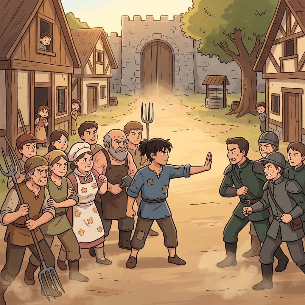 The villagers resist the tax collectors at the town gate.