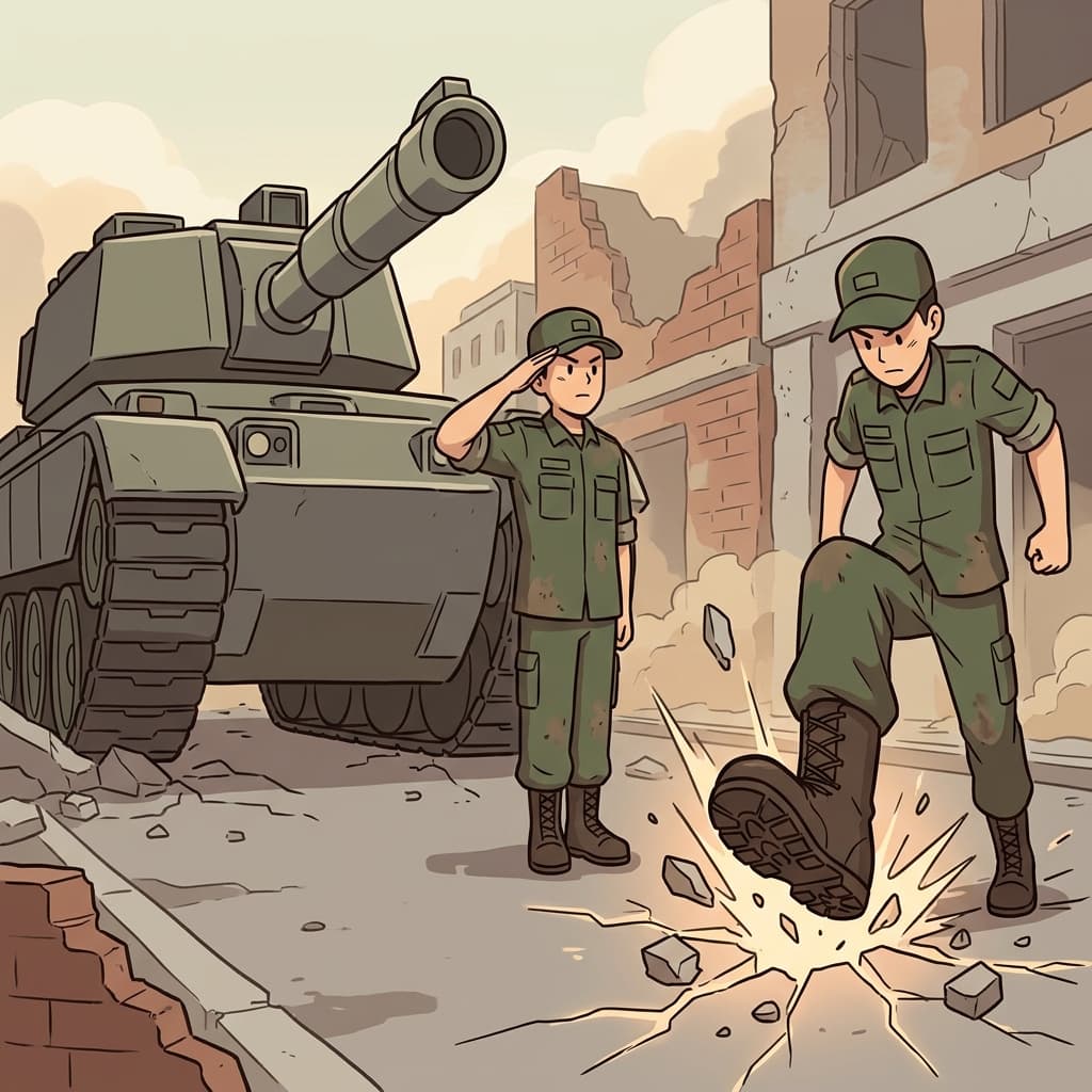 Facing the absolute destruction of the giant tank, the soldier gave a stiff salute and aggressively stomped his boots into the ground, showing his resolute will to fight.