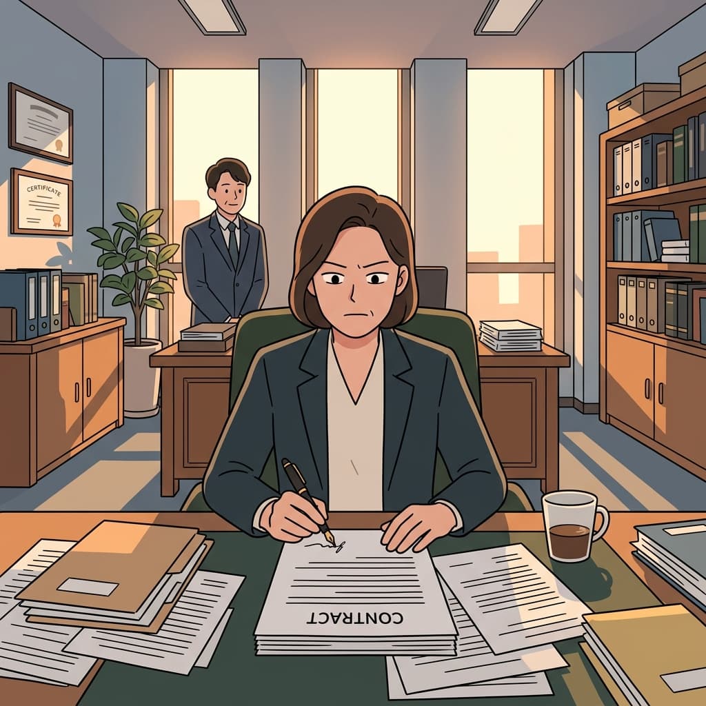 She looked resolved as she signed the contract that would change her life.