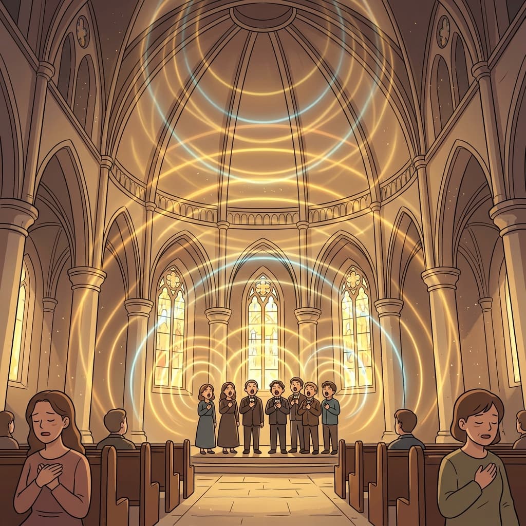 The cathedral's dome creates deep resonance as the choir's voices swell upward.