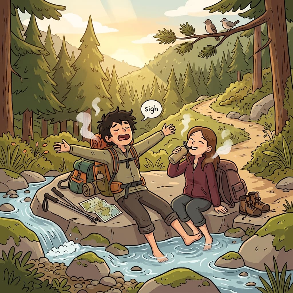 After hours of hiking, they found a brief respite by the mountain stream.