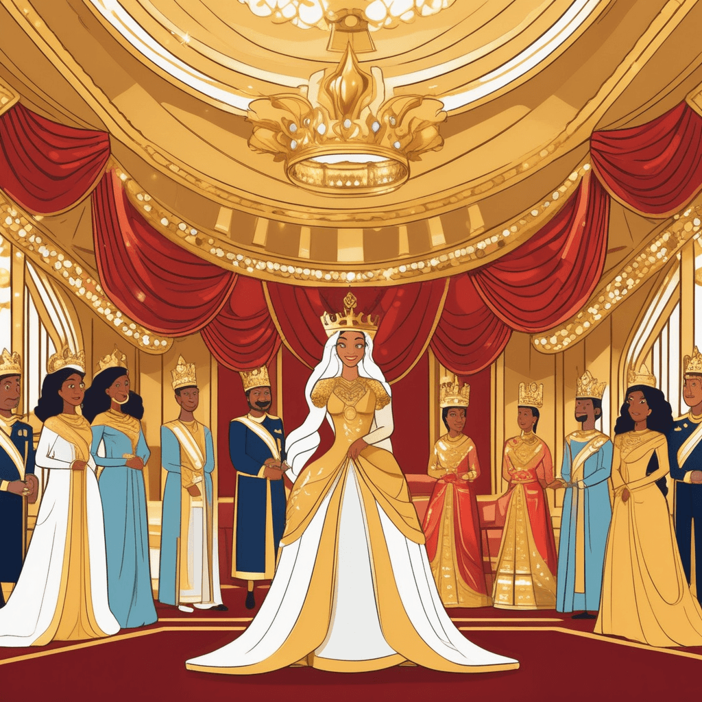a queen stands proudly wearing an elaborate golden crown encrusted with gleaming jewels and diamonds. Her flowing royal robes shimmer with intricate gold embroidery and precious gemstone details that catch the light brilliantly. The ornate throne behind her gleams with polished gold and silver decorations. Massive crystal chandeliers overhead cast sparkling light across the scene, making everything glow magnificently. Courtiers and nobles around her bow in awe, their faces filled with wonder at the breathtaking display. Royal guards in ceremonial armor with gleaming metal and colorful plumes stand at attention. someone appearing attractive and impressive through being richly colorful and sumptuous