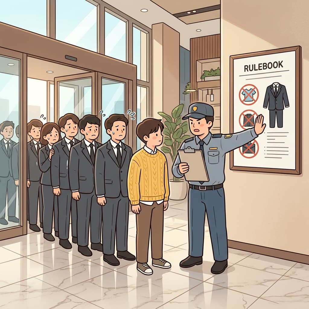 The restrictive dress code forced everyone into stiff black suits, no exceptions.