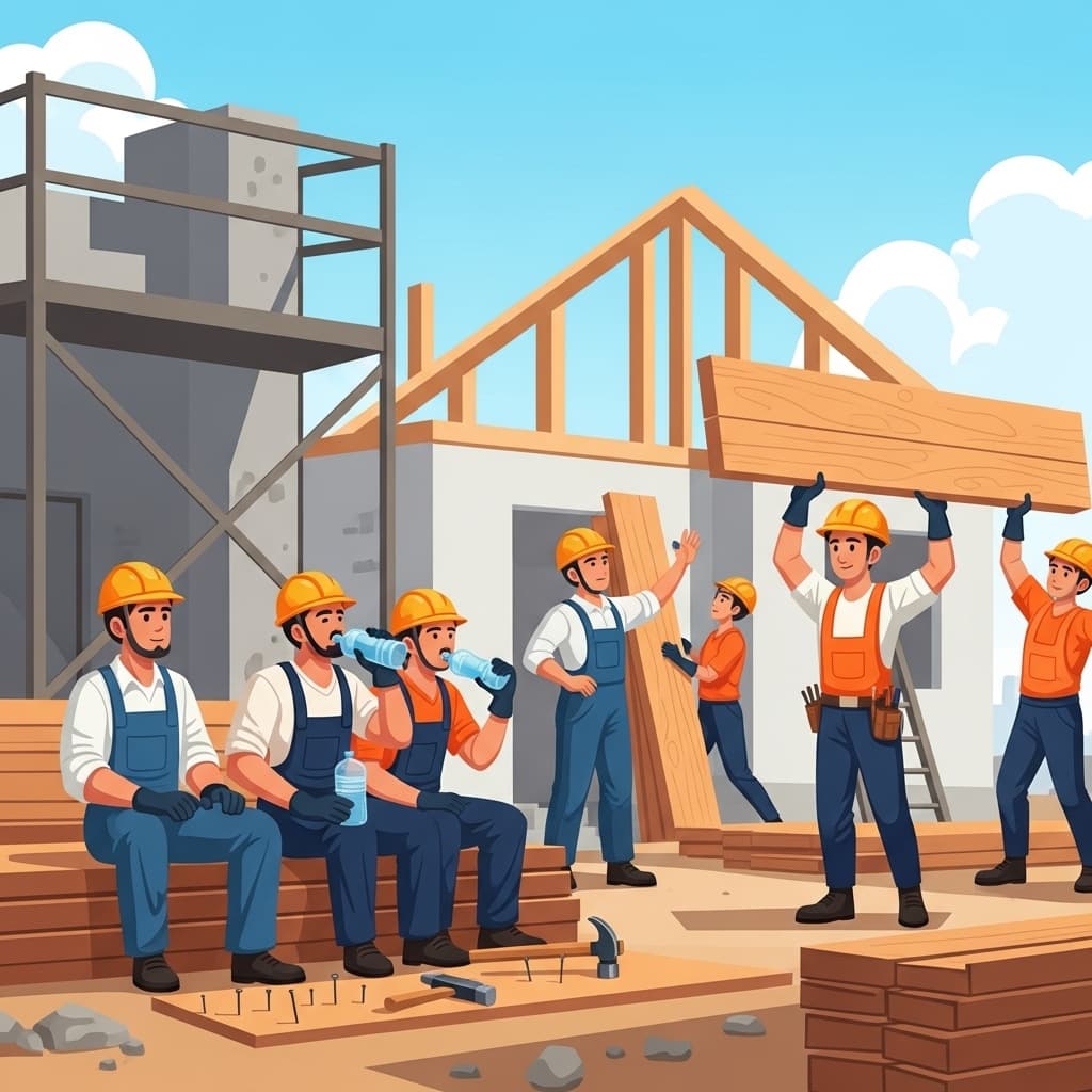 After a short break, workers resume building a house.