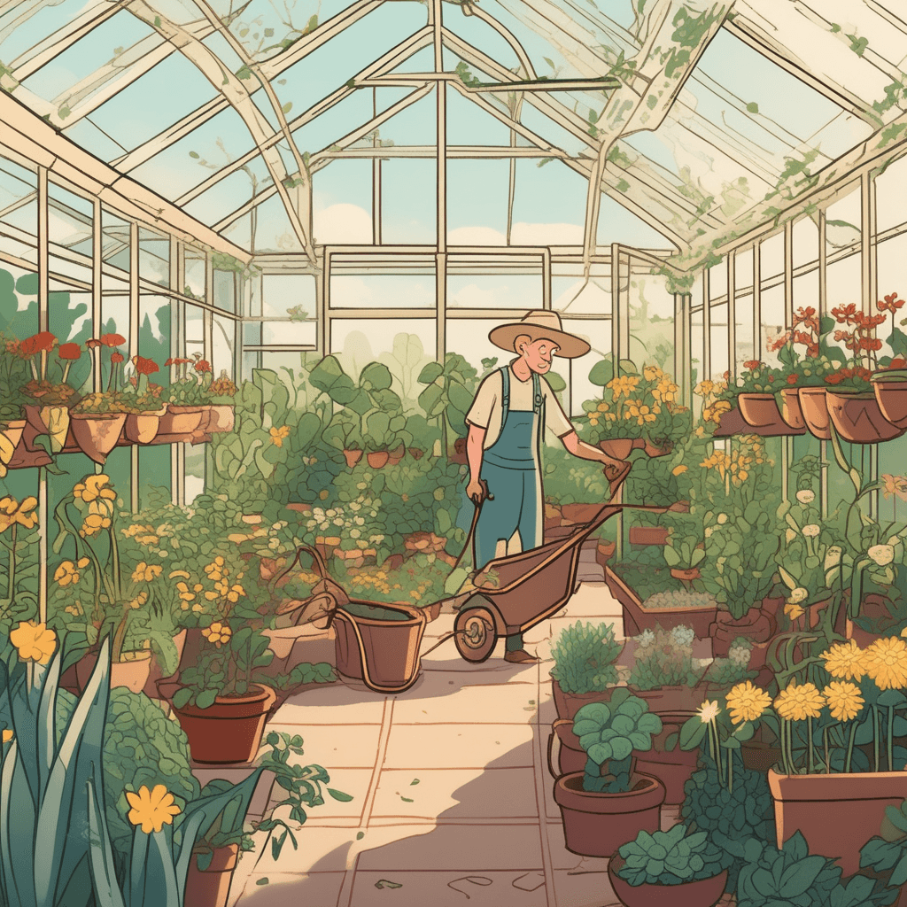 a skilled gardener carefully waters a completely dried and withered flower with golden, shimmering water from an ornate watering can. The magical water flows over the brown, cracked petals and brittle stem. Immediately where the water touches, vibrant green shoots begin sprouting and colorful petals start blooming again. The once-dead flower transforms into a beautiful, fully alive blossom before their eyes. Other gardeners in the background watch in amazement as more dead plants around the greenhouse begin showing signs of new life. Assistant gardeners point excitedly at the miraculous transformation happening throughout the space. the action of resurrecting or bringing back to life what was once dead