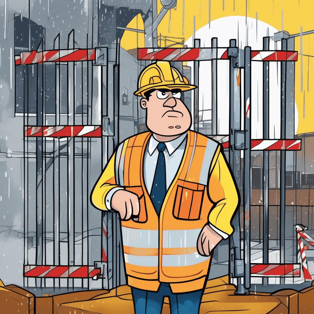 The guard shows regard as rain does retard the work yard
