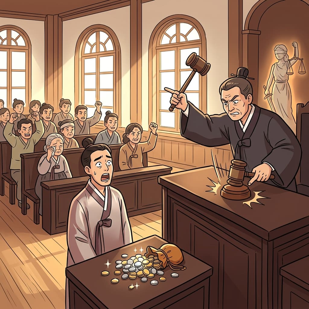 The judge delivers a retributive sentence to the corrupt merchant who cheated hundreds.