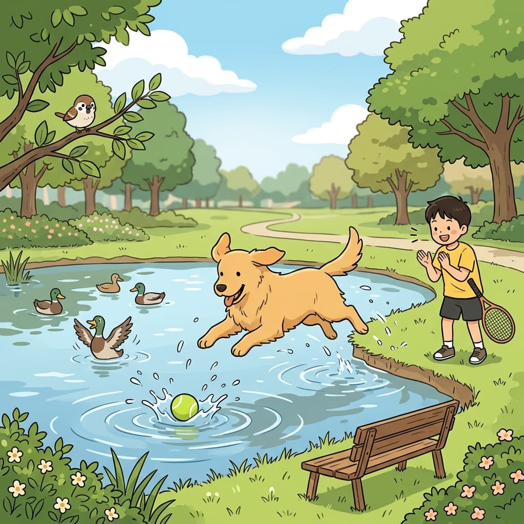 The golden retriever runs back to retrieve the tennis ball from the pond.