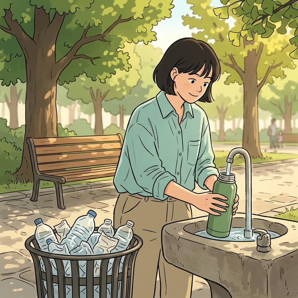 She fills her reusable bottle at the fountain instead of buying plastic.