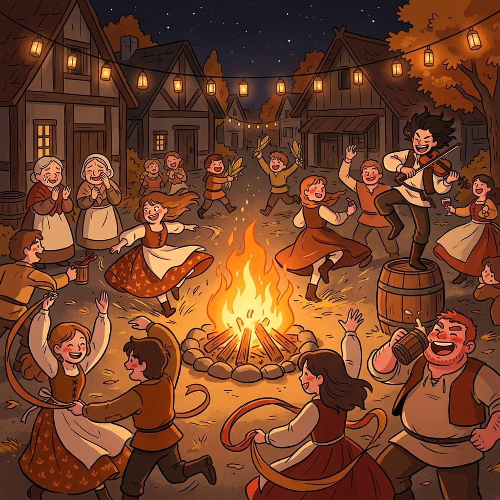 The villagers revel around a giant bonfire after the harvest festival.