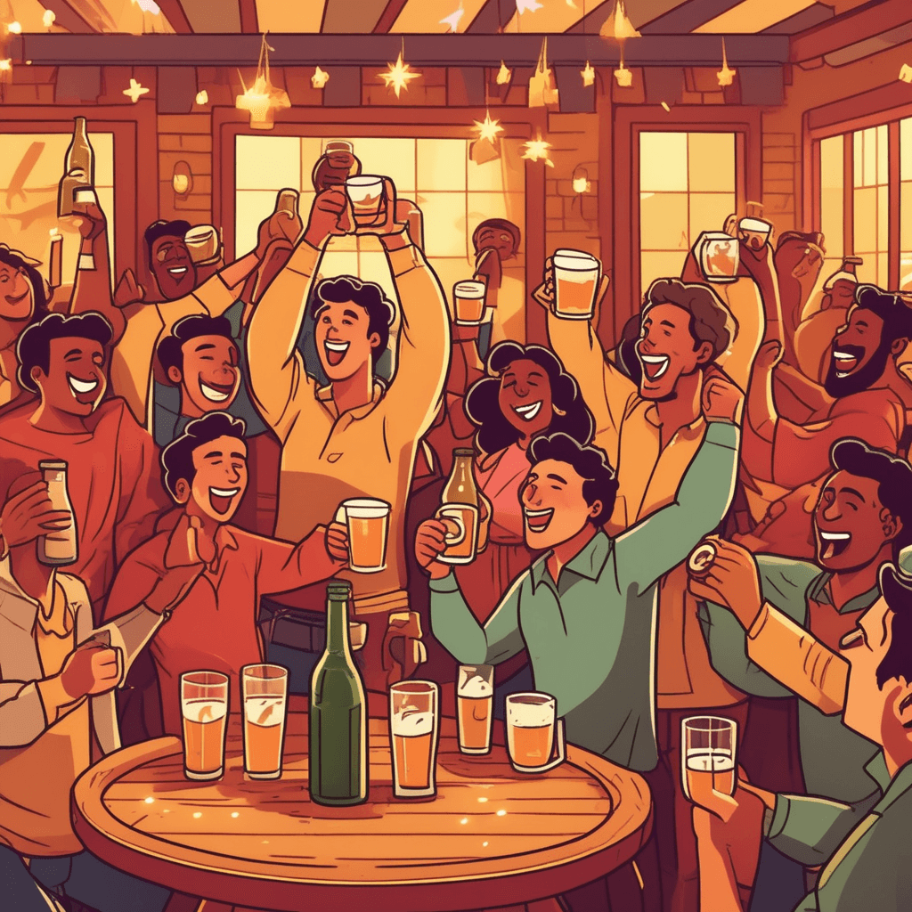 a group of friends raises their mugs high in the air while laughing loudly and singing together. Their faces are flushed and animated as they clink their drinks together enthusiastically. The noise and energy spreads to other tables where more people join in the celebration. Empty bottles and spilled drinks cover the wooden tables while musicians play lively music in the background. Other patrons dance wildly between the tables, some stumbling slightly but continuing to party. lively and noisy festivities with abundant drinking and merrymaking