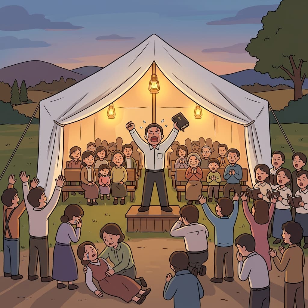 The tent revivalism meeting stirs the crowd into song and tears.