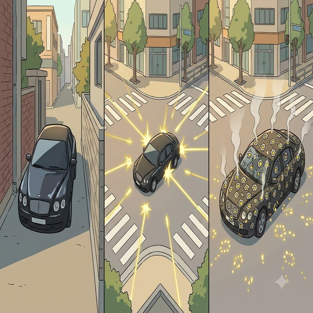 Parking his shiny car directly in the middle of the ambush, he watched the enemies completely riddle the metal doors with bullets.