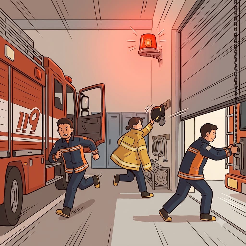 When the alarm rang, the firefighters left right away and rushed toward the station's emergency vehicle. (RIGHT = directly, exactly, AWAY = immediately off / without staying)