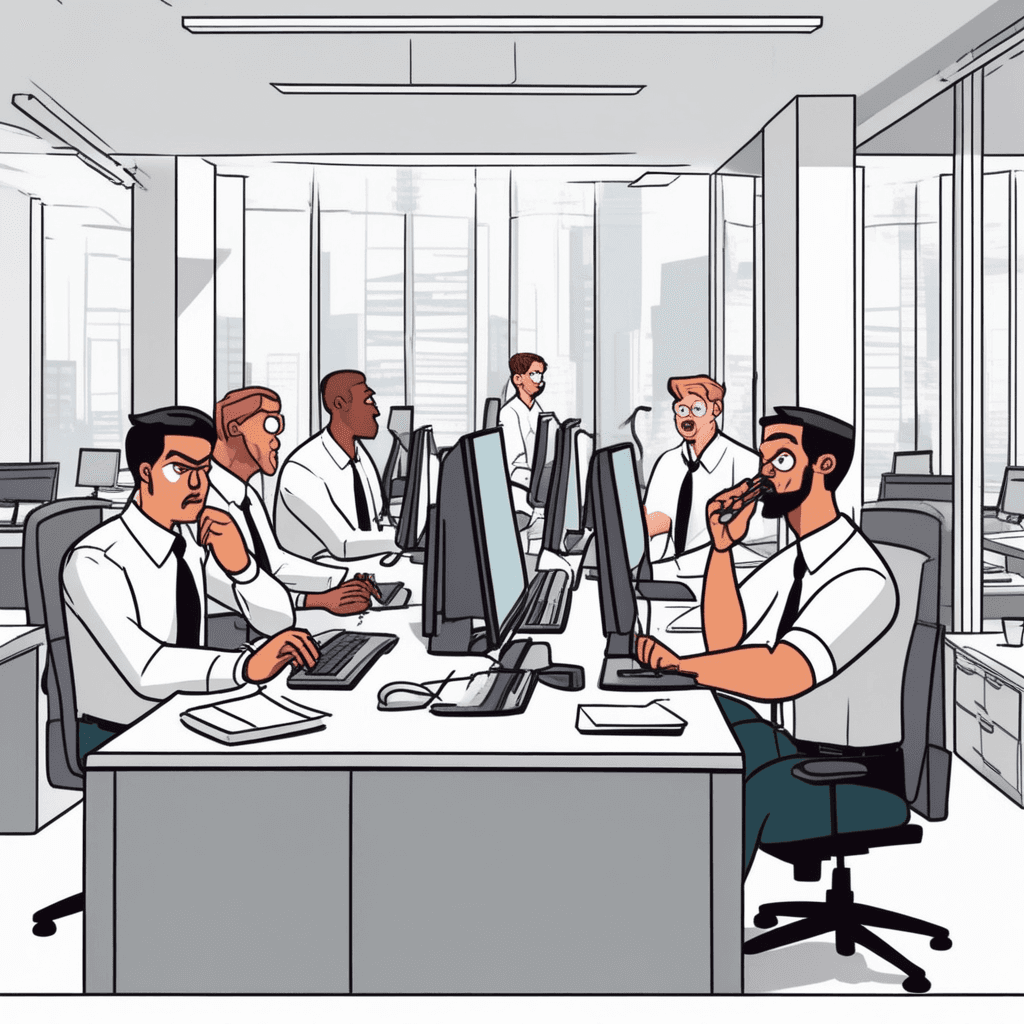 a mischievous coworker repeatedly clicks his pen loudly while his colleague tries to concentrate on important work. The pen-clicker grins smugly as he taps the pen against his desk in an annoying rhythm. His frustrated colleague's face grows redder with each click, his jaw clenching tighter. The annoyed worker grips his pencil so hard it might snap, his eyebrows furrowed in mounting irritation. Other nearby coworkers glance over with concerned expressions, sensing the rising tension. someone being deliberately made annoyed and angry through persistent irritating behavior