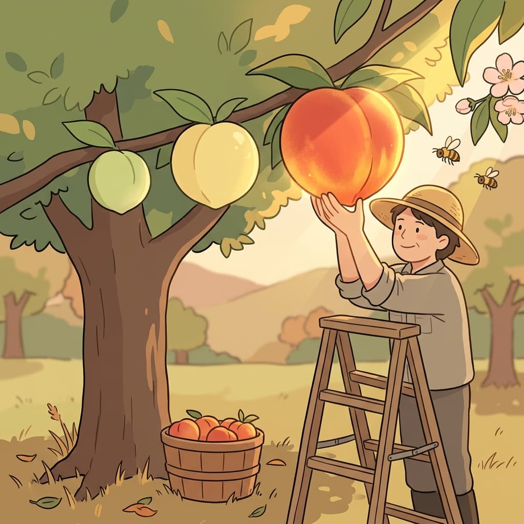 The peaches on the sunny tree slowly ripen into a deep golden orange.