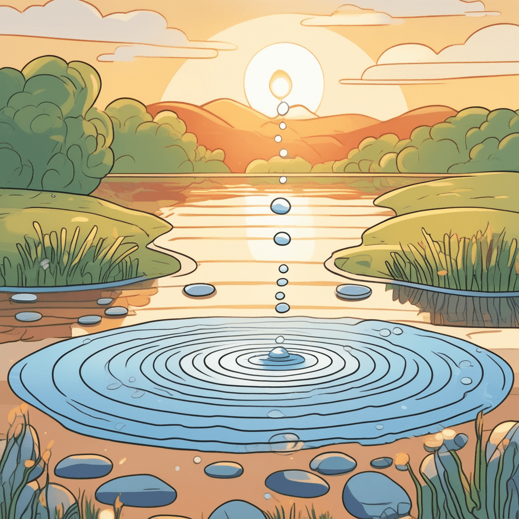 A ripple spreading outward as a child drops pebble into calm pond