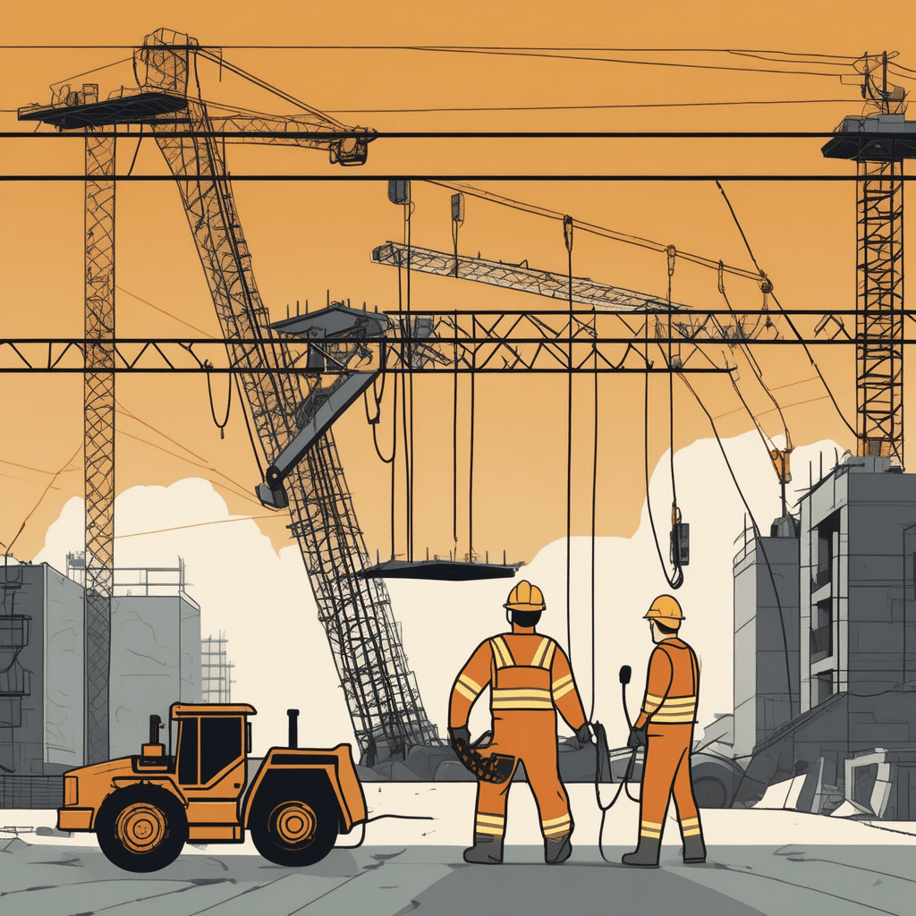 a construction worker carefully steps between loose power cables while balancing a heavy beam overhead. Sparks fly from exposed electrical wires nearby as a crane swings dangerously close. The unstable scaffolding creaks visibly with missing safety rails and loose bolts. Other workers in the background point urgently at multiple hazards happening simultaneously. a situation containing many risks with high levels of potential danger
