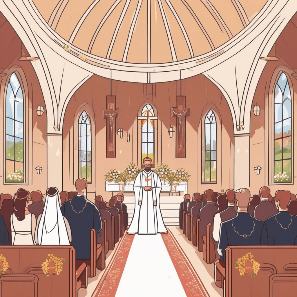 a priest in ceremonial robes raises his hands while speaking sacred words over the couple. The bride and groom stand facing each other with joined hands in reverence. The priest begins the blessing as candles flicker on the ornate altar behind them. The couple bows their heads respectfully as the sacred ceremony continues. Wedding guests in the wooden pews watch solemnly from their seats. Family members wipe tears of joy while maintaining the reverent atmosphere. a religious or other solemn ceremony or act being performed