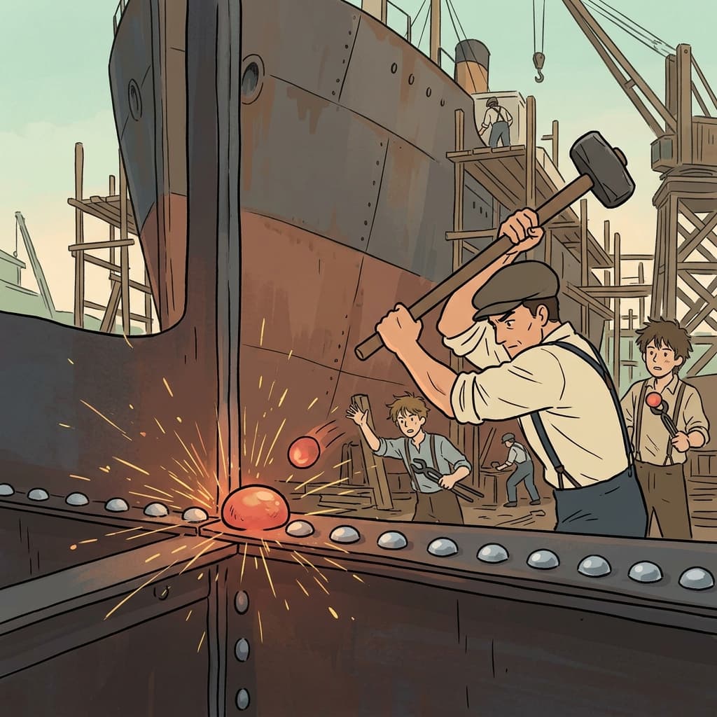 The shipyard workers hammer each rivet into the massive steel hull with precision.