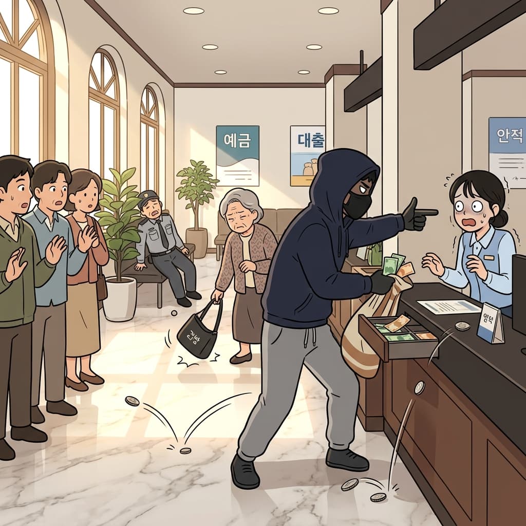 A masked thief commits a robbery at the corner bank in broad daylight.