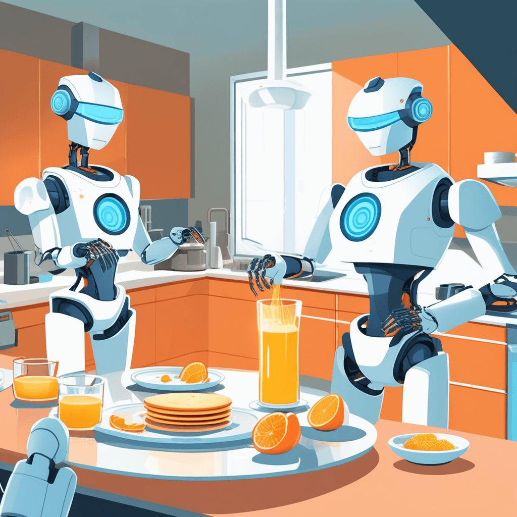 a sleek humanoid robot with glowing blue sensors carefully flips pancakes on the stove while simultaneously pouring orange juice into glasses. The robot's articulated arms move in perfect coordination as its head swivels to monitor multiple cooking tasks. Steam rises from the pancakes as they land perfectly on a plate that the robot positions with precise timing. A family of three sits at the breakfast table watching in amazement as their mechanical helper serves them a complete meal. The children point excitedly while the parent smiles at the efficient automated service. a machine capable of carrying out a complex series of actions automatically
