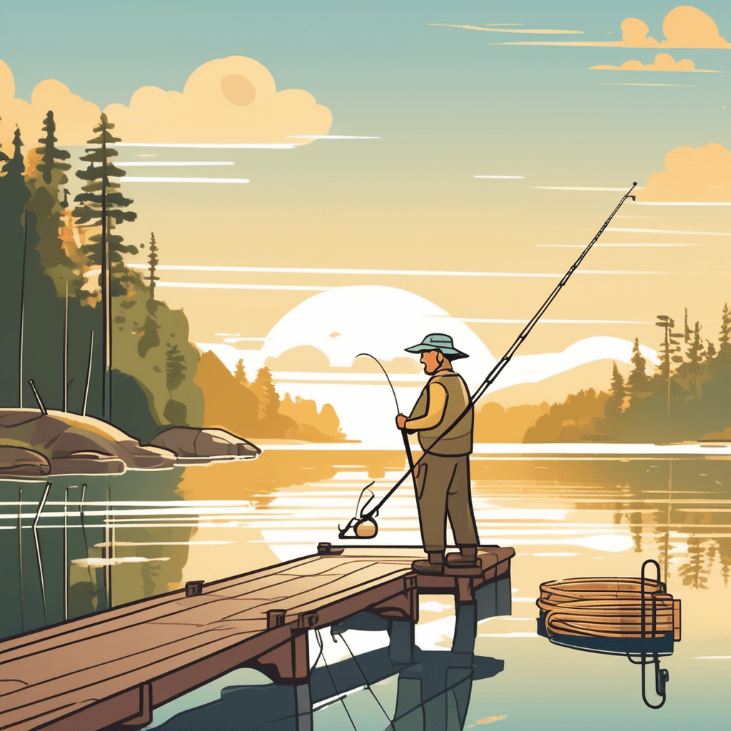an experienced fisherman holds a long, thin fishing rod made of flexible material above the calm water. He casts his line with a smooth sweeping motion as the rod bends gracefully. The thin straight bar extends far out over the lake as it guides the fishing line. The rod's length and straightness help him reach the deeper water where fish are swimming. A young child sits nearby watching with excitement as the rod suddenly bends when a fish takes the bait. Other anglers on the dock prepare their own long straight fishing equipment. a thin straight bar being used as an essential fishing tool