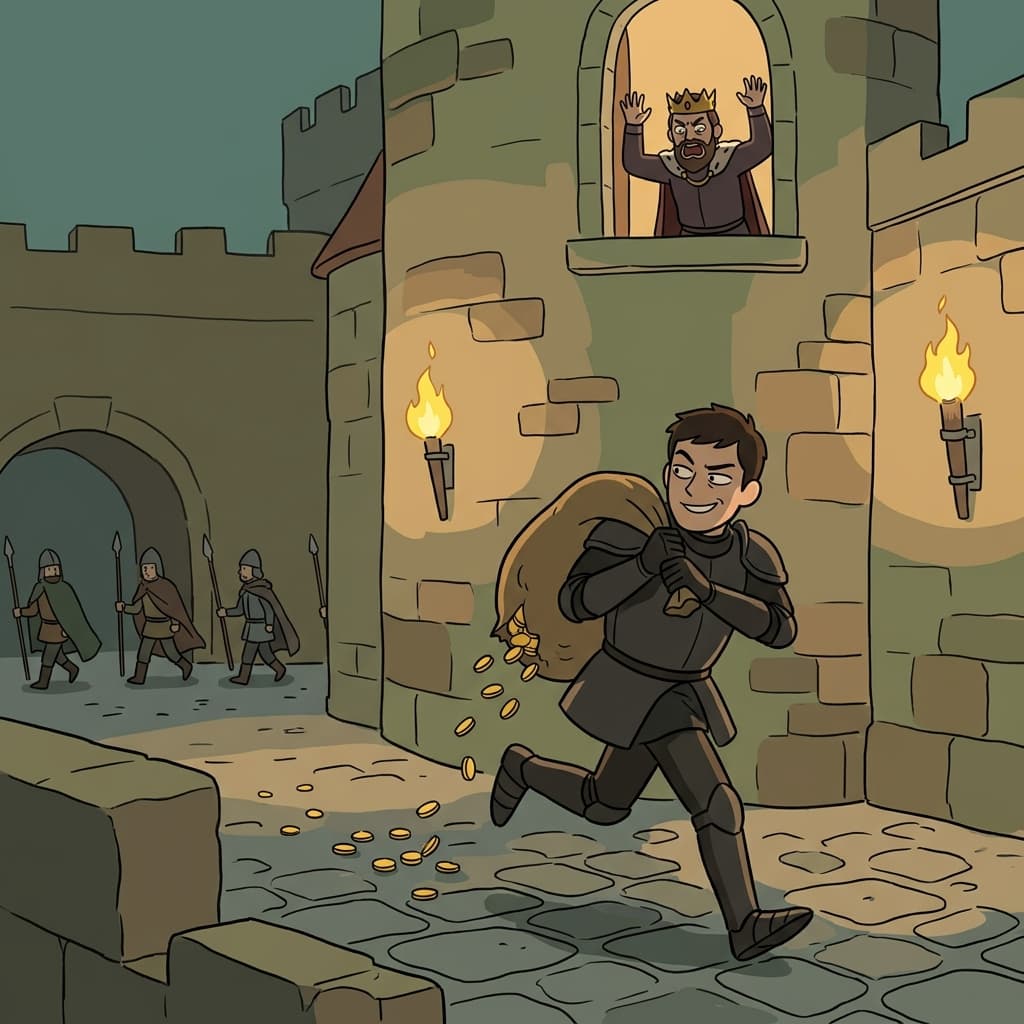 The rogue knight betrayed his king and fled with the royal treasure.